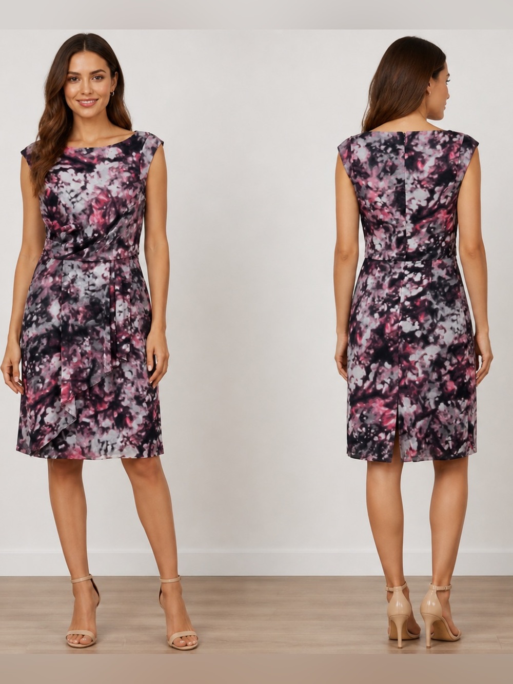 Vince Camuto Women's Blur Floral Print Purple Faux Wrap Sleeveless Shift Size 2